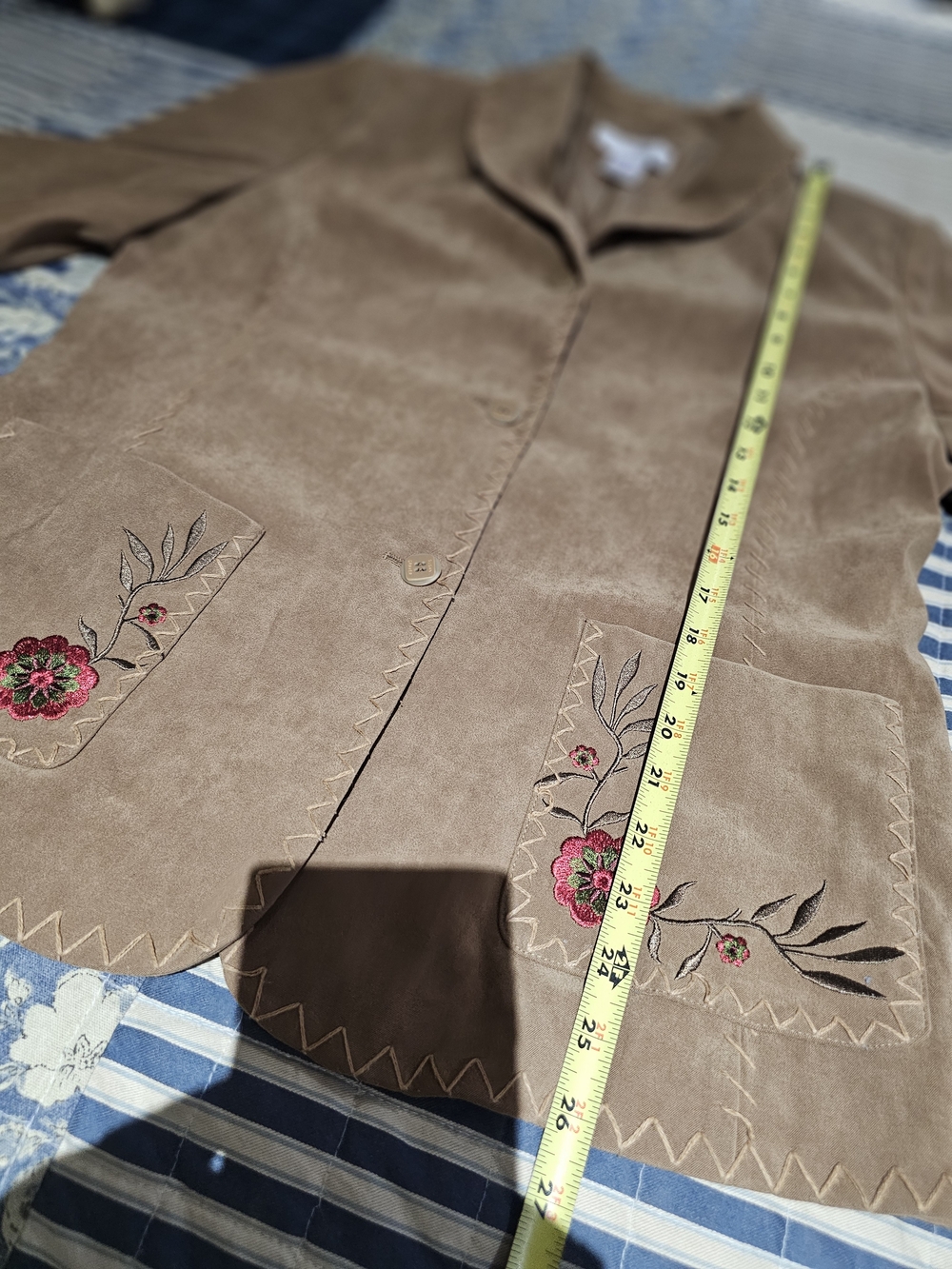 Susan Graver Tan Suede Jacket with Floral Pocket Embroidery - Picture 8 of 8